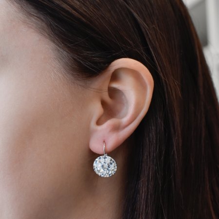 Strieborné náušnice visiace s kryštálmi Swarovski modré okrúhle 31176.3 Light Sapphire