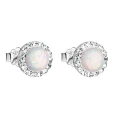Stříbrné náušnice pecky se syntetickým opálem a křišťály Preciosa bílé kulaté 31217.1 White s. Opal