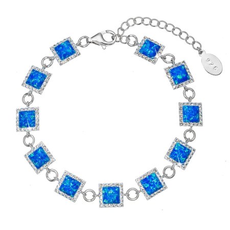 Strieborný náramok s modrým syntetickým opálom štvorec a biele krištáľmi Preciosa 33047.1 blue