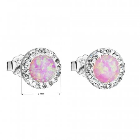 Strieborné ružové náušnice kôstky so syntetickým opálom a krištáľmi Preciosa okrúhle 31217.1 Pink s. Opal