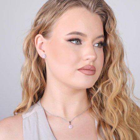 Stříbrné náušnice pecky se syntetickým opálem a křišťály Preciosa růžové kulaté 31317.1 Pink s. Opal