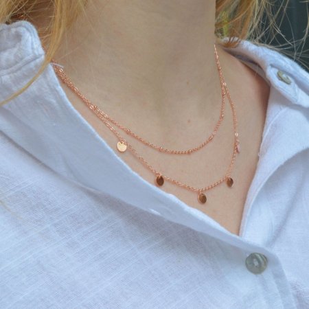 Pozlátený ROSE náhrdelník dvojradový malé placky a guličky 62007