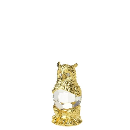 Kovová pozlacená figurka sova s bílým broušeným skleněným křišťálem