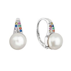 Strieborné náušnice visiace s bielou riečnou perlou a multi zirkónmi 21070.3 Multi