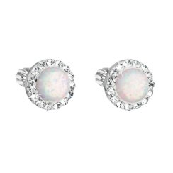 Stříbrné náušnice pecky se syntetickým opálem a křišťály Preciosa bílé kulaté 31317.1 White s. Opal