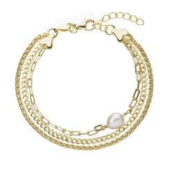 Trojitý stříbrný náramek z řetízků s bílou perlou 23028.1 Au plating