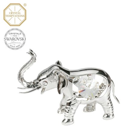 Kovová postříbřená figurka Malý slon s bílými krystaly Swarovski Elements