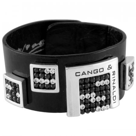 Cango & Rinaldi kožený stříbročerný náramok s krištáľmi Swarovski Elements Jet