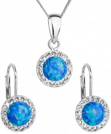 Sada šperkov so syntetickým opálom a kryštálmi Swarovski náušnice a prívesok modrej okrúhle 39160.1 Blue s. Opal