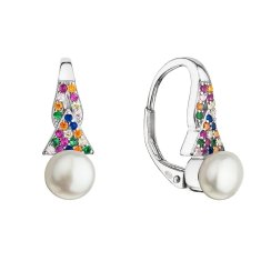 Strieborné náušnice visiace multi zirkóny s bielou riečnou perlou 21072.3 Multi