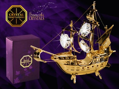 Kovová pozlátená figúrka Loď Santa Maria s bielymi kryštálmi Swarovski Elements