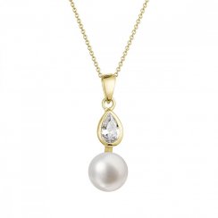 Zlatý 14 karátový náhrdelník žlté zlato s bielou riečnou perlou a zirkónmi 92PZ00048