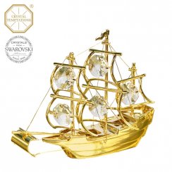 Kovová pozlacená figurka Loď s bílými krystaly Swarovski Elements