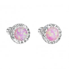 Strieborné náušnice kôstky so syntetickým opálom a krištáľmi Preciosa ružové okrúhle 31317.1 Pink s. Opal