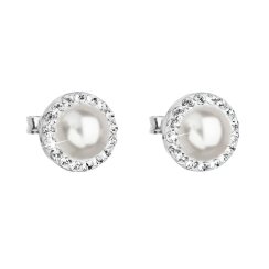 Strieborné náušnice pecka s kryštálmi Swarovski a bielou perlou okrúhle 31214.1 Biela 7 mm