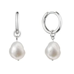 Stříbrné náušnice kruhy s visací bílou říční perlou baroko 21106.1