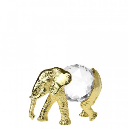 Kovová pozlacená figurka slon s bílým broušeným skleněným křišťálem