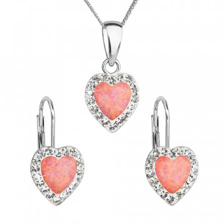 Sada šperků se syntetickým opálem a křišťály Preciosa náušnice a přívěsek oranžové srdce 39161.1 Coral s. Opal