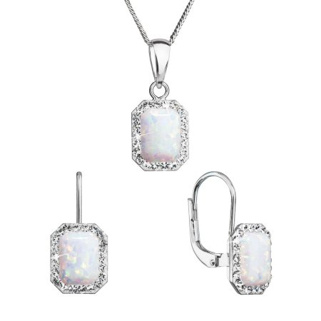 Súprava šperkov so syntetickým opálom a krištáľmi Preciosa náušnice a prívesok biele okrúhle 39175.1 White Opal