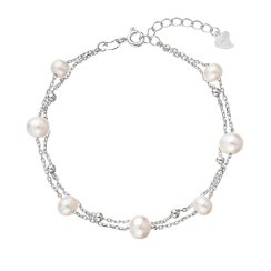 Strieborný náramok dvojitá retiazka s riečnymi perlami a guličkami po obvode 23019.1