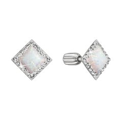 Stříbrné náušnice pecka se syntetickým opálem a křišťály Preciosa bílý kosočtverec 31318.1 White
