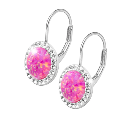 Stříbrné náušnice klapky s kulatým opálem a krystaly Swarovski Light Fuchsia velké