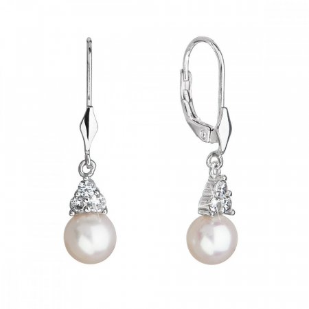Stříbrné visací náušnice s bílou říční perlou a zirkony 21062.1 Bílá