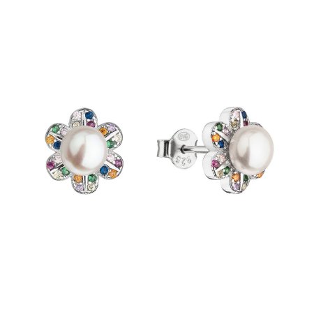 Stříbrné náušnice kytičky multi zirkony s bílou říční perlou 21071.3 Multi
