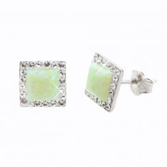 Stříbrné náušnice pecky se světle zeleným opálem a krystaly Swarovski Elements Chrysolite Opal