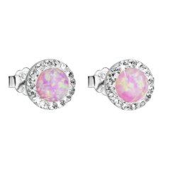 Stříbrné růžové náušnice pecky se syntetickým opálem a křišťály Preciosa kulaté 31217.1 Pink s. Opal