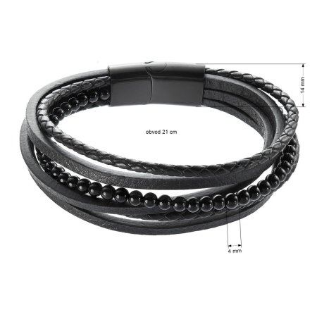 Náramek pánský recykl.kůže a černé korálky 43030.3 černý