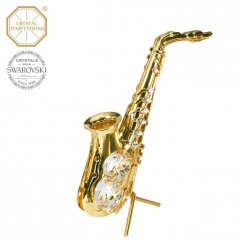 Kovová pozlátená figúrka Saxofón s bielymi kryštálmi Swarovski Elements