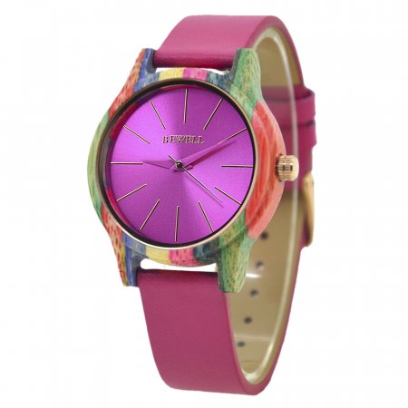 Dámské dřevěné růžové hodinky s koženým páskem Bewell ZS-1 Pink