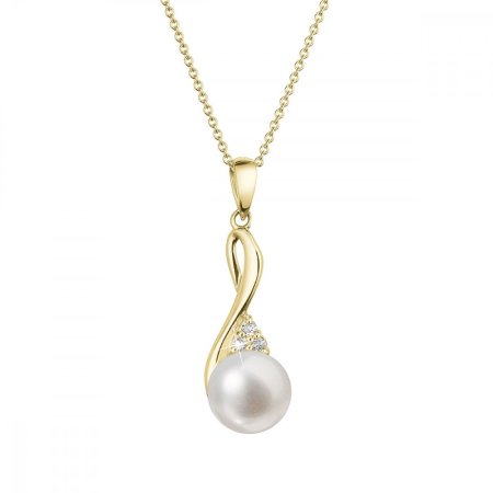 Zlatý 14 karátový náhrdelník s bielou riečnou perlou a briliantmi 92PB00050