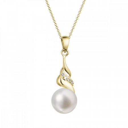 Zlatý 14 karátový náhrdelník s bielou riečnou perlou a briliantmi 92PB00054