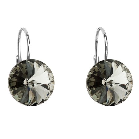 Strieborné náušnice visiace s kryštálmi Swarovski šedej okrúhle 31106.3 Black Diamond