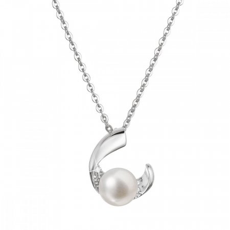 Strieborný náhrdelník s pravou riečnou perlou v polkruhu so zirkónmi 22041.1