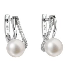 Stříbrné náušnice visací s bílou říční perlou 21024.1 Bílá