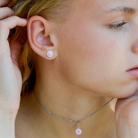 Stříbrné náušnice pecky se syntetickým opálem a křišťály Preciosa růžové kulaté 31317.1 Pink s. Opal
