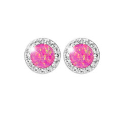 Strieborné náušnice puzety s okrúhlym opálom a kryštálmi Swarovski Light Fuchsia malé