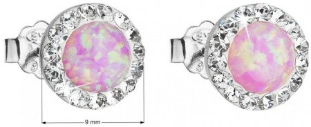 Strieborné ružové náušnice kôstky so syntetickým opálom a kryštálmi Swarovski okrúhle 31217.1 Pink s. Opal