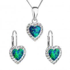 Sada šperkov so syntetickým opálom a krištáľmi Preciosa náušnice a prívesok zelené srdce 39161.1 Green s. Opal