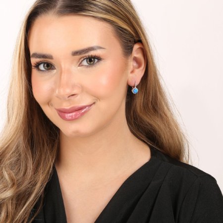 Stříbrné náušnice visací s modrým kulatým syntetickým opálem a zirkony 11463.3 blue