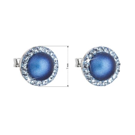 Strieborné náušnice pecka s kryštálmi Swarovski a tmavo modrou matnou perlou okrúhle 31214.3 Dark Blue