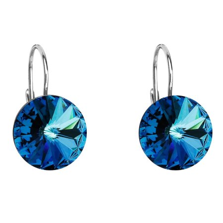 Strieborné náušnice visiace s kryštálmi Swarovski modré okrúhle 31106.5 Bermuda Blue