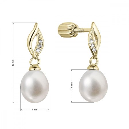 Pozlacené stříbrné náušnice visací s říční perlou a zirkony bílá 21104.1B Au plating