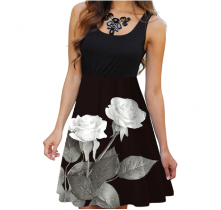 Dámské letné černé šaty s šedými kvetmi