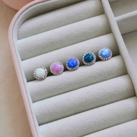 Stříbrné náušnice pecky se syntetickým opálem a křišťály Preciosa růžové kulaté 31317.1 Pink s. Opal