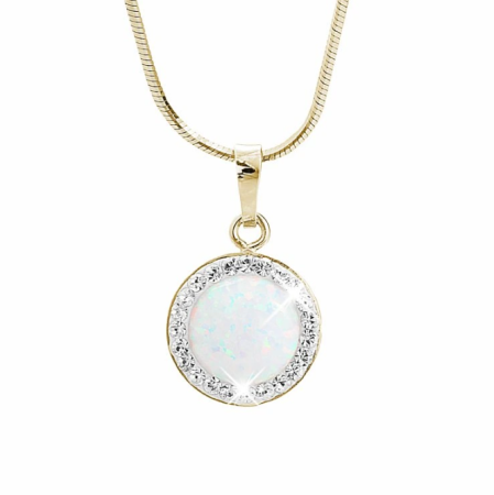 Pozlacený stříbrný náhrdelník s kulatým opálem a krystaly Swarovski Elements White