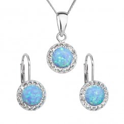 Súprava šperkov so syntetickým opálom a krištáľmi Preciosa náušnice a prívesok svetlo modrej okrúhle 39160.1